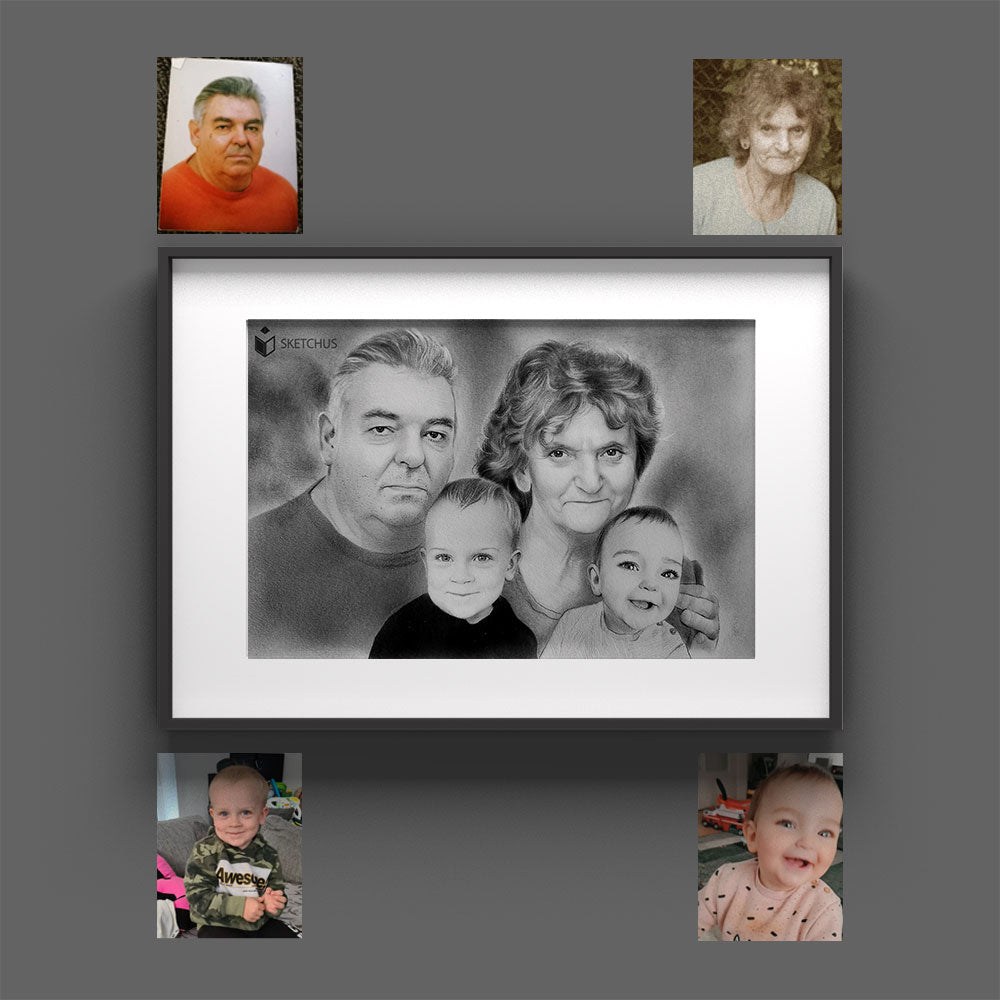 Familienportrait malen lassen Bilder zeichnen lassen Skizze Eltern Zeichnung Familienbild Gemälde Gruppenportrai Portraits für Familie Sketchus